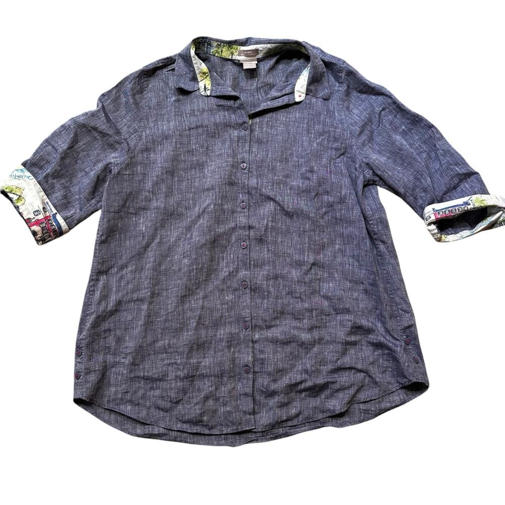 Chico's Linen Shirt Blue Contrast Placket No Iron Side Button Tunic Blue Size XL